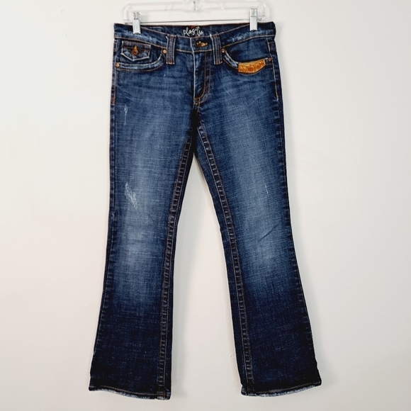 Y2k‎ Plastic  Dark Wash Low Rise Leather Point Flap Pocket Boot Cut Jeans Size 9 - Picture 1 of 9